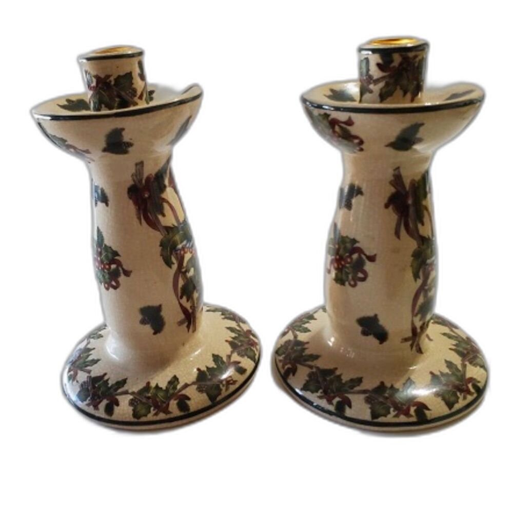 Christmas Candle Holder with a Red Cardinal and Holly Berries and Leaves Vintage